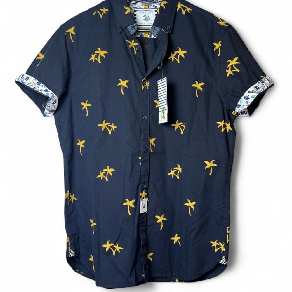 Denim & Flower Dark Blue Shirt with Yellow Palm Print